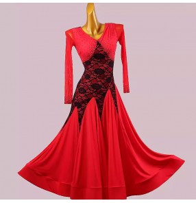Custom size red lace gemstones glitter ballroom dance dresses for women girls waltz tango foxtrot smooth dance long skirts for female